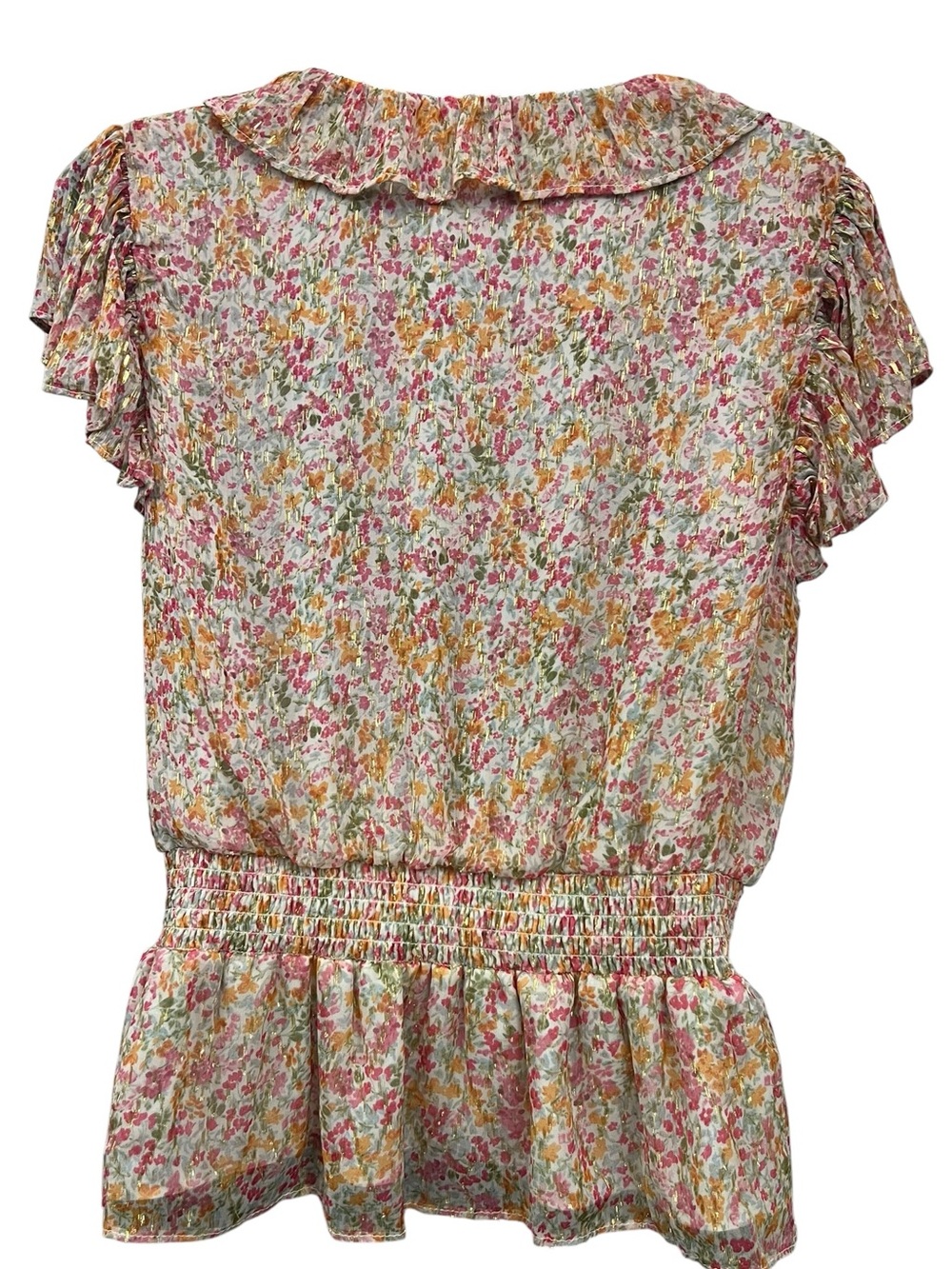 Parker Floral Ruffle Blouse Medium Cream/Pink/Orange/Green Gold Metallic Peplum - Picture 8 of 11